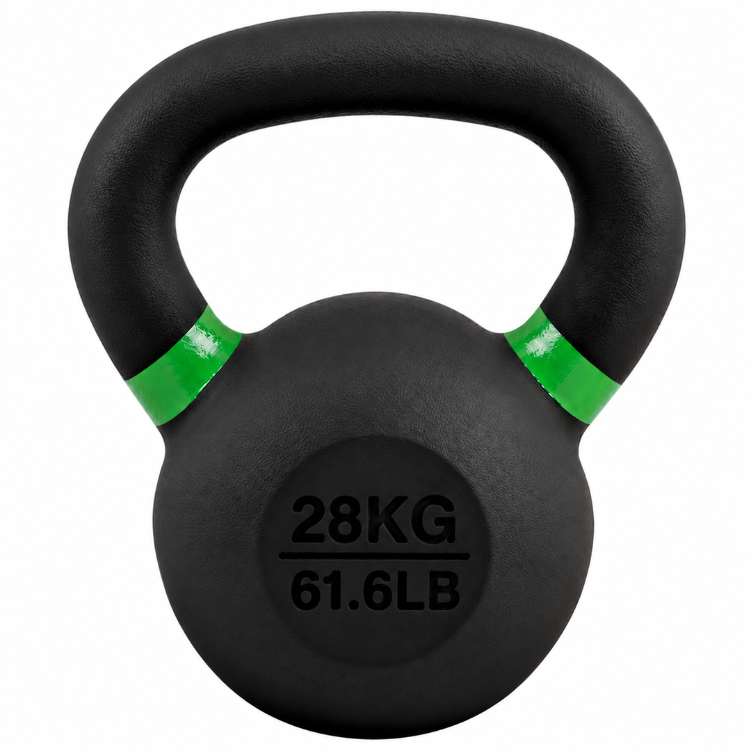 Black 28 kg powder coated kettlebell with green weight stripe and 61.6 lb label