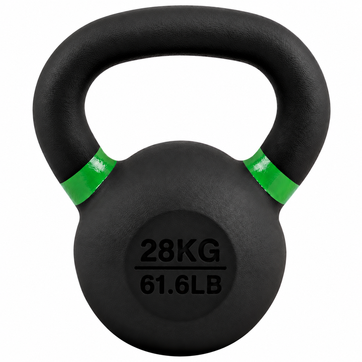 Black 28 kg powder coated kettlebell with green weight stripe and 61.6 lb label