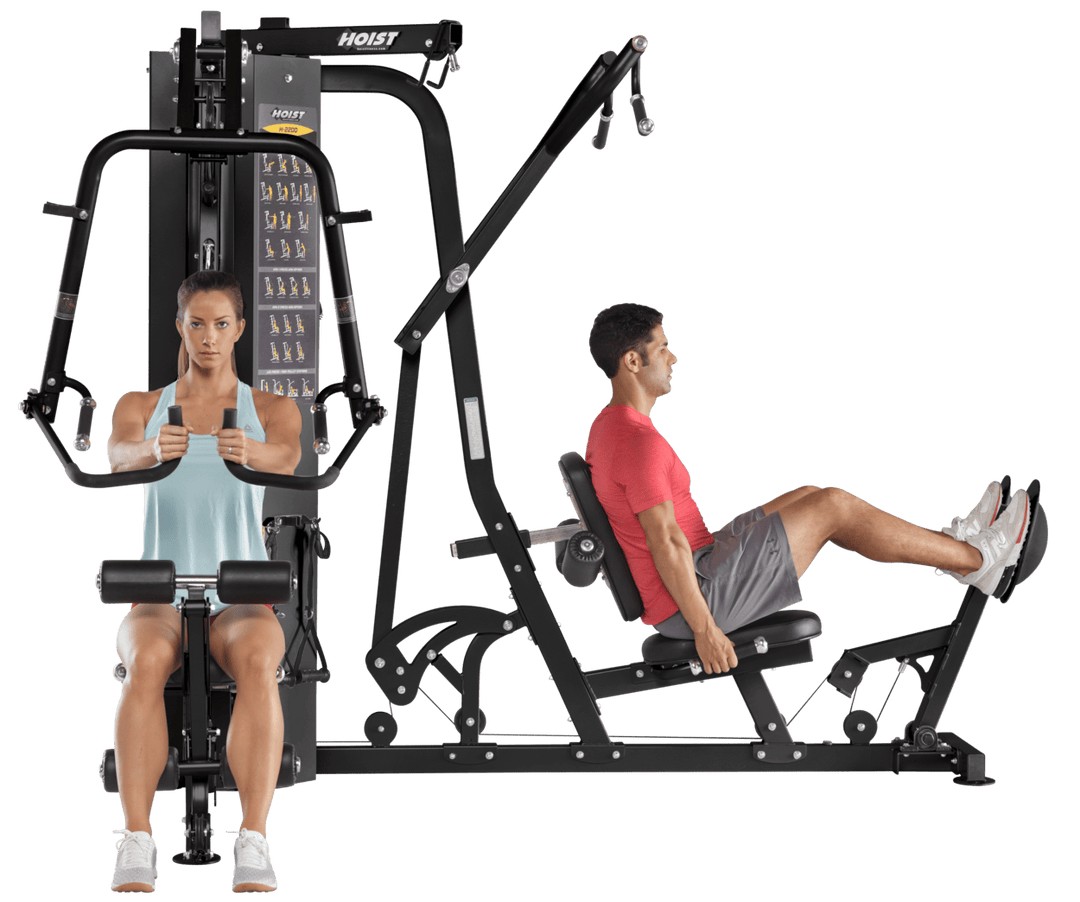 2 stack multi gym dual user setup allowing simultaneous strength training workouts for two users