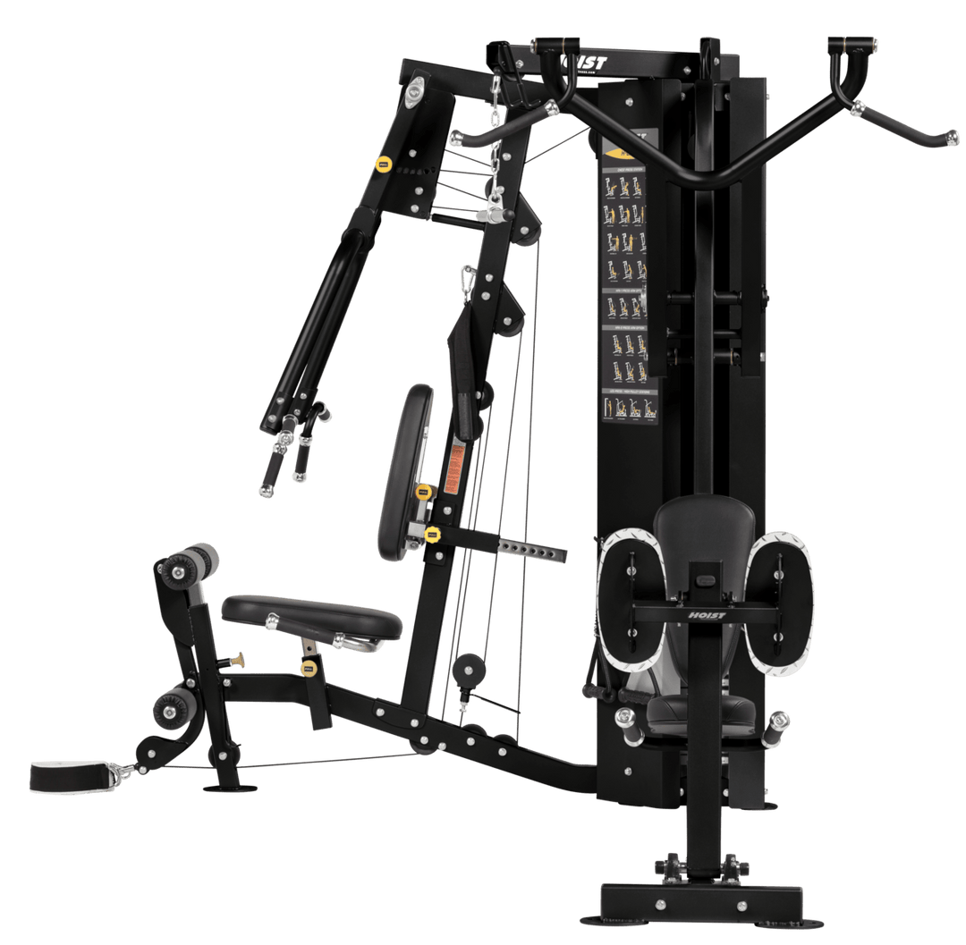 2 stack multi gym front view with integrated stations for upper and lower body strength training exercises