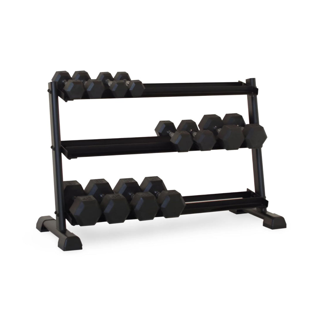 3 tier dumbbell rack with multiple dumbbells for organized storage and quick access in home gym strength setup