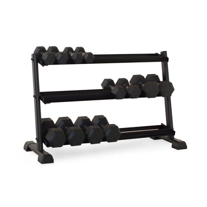 3 tier dumbbell rack with multiple dumbbells for organized storage and quick access in home gym strength setup