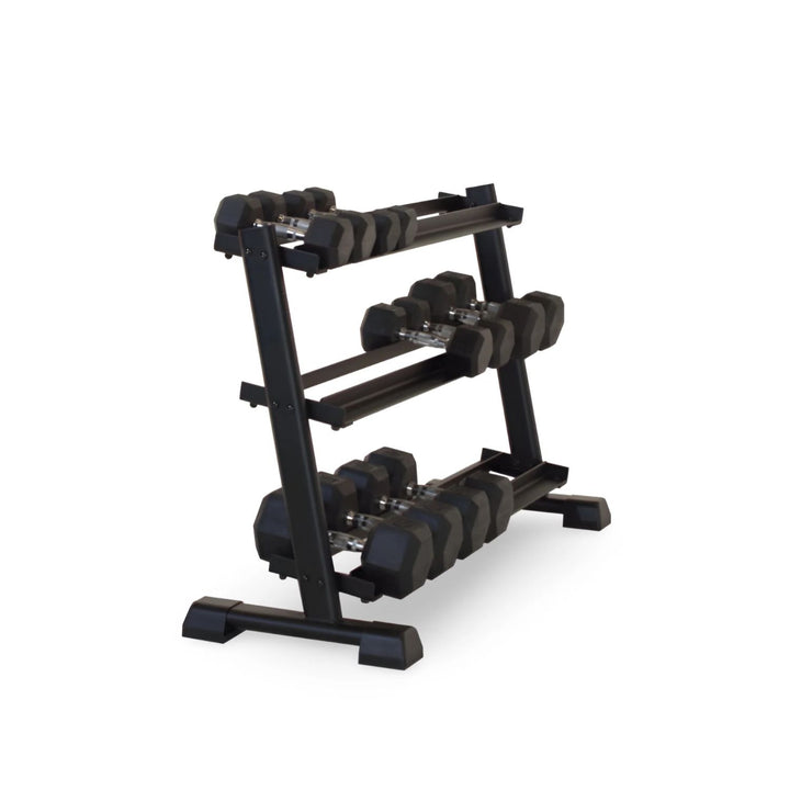 3 tier dumbbell rack with weights loaded for efficient storage and easy access during strength training workouts