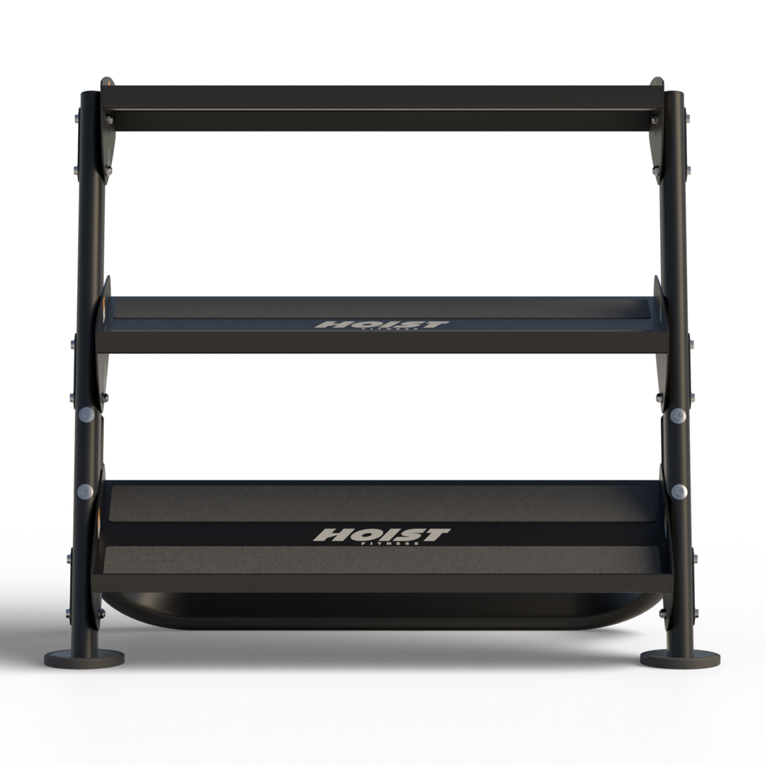 three tier dumbbell rack with angled shelves for organized home gym weight storage