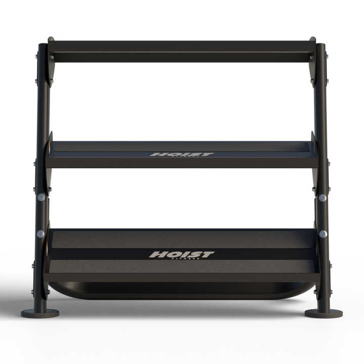 three tier dumbbell rack with angled shelves for organized home gym weight storage