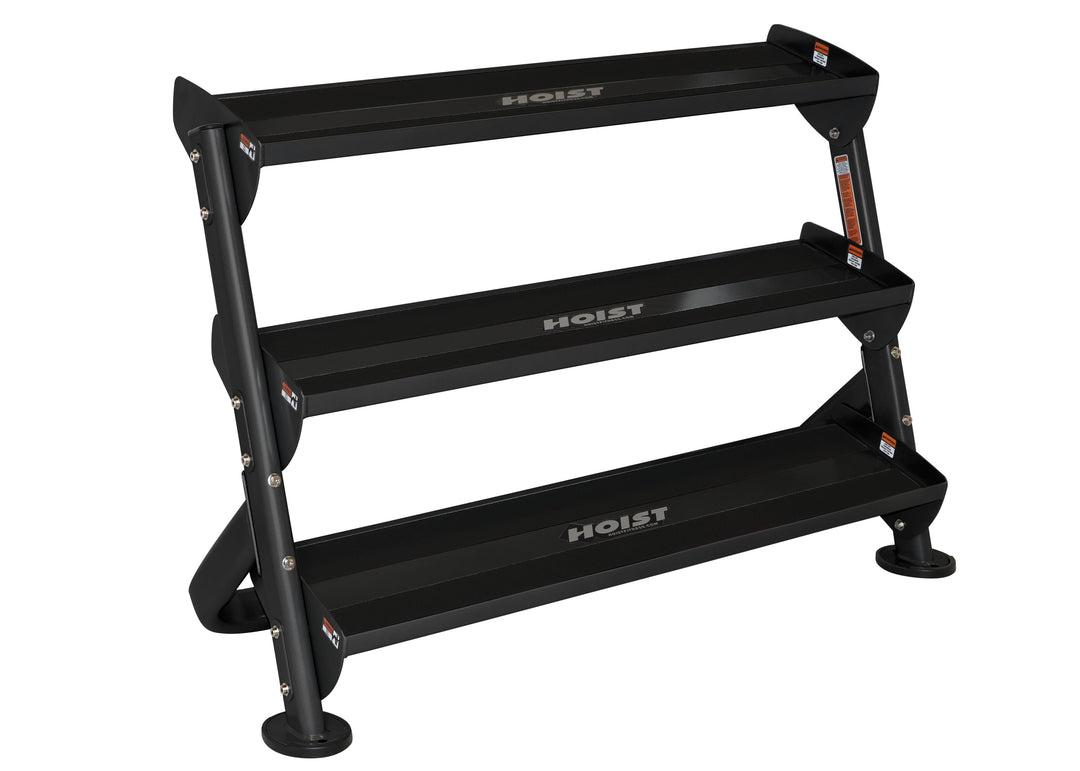 three tier dumbbell rack with angled shelves for efficient gym organization