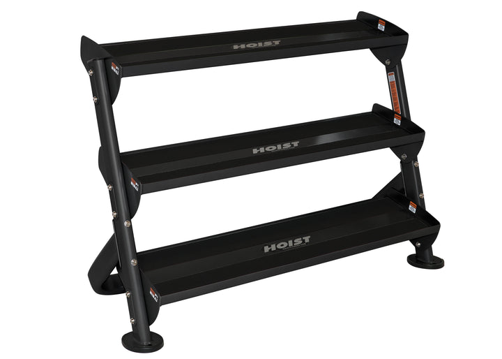 three tier dumbbell rack with angled shelves for efficient gym organization