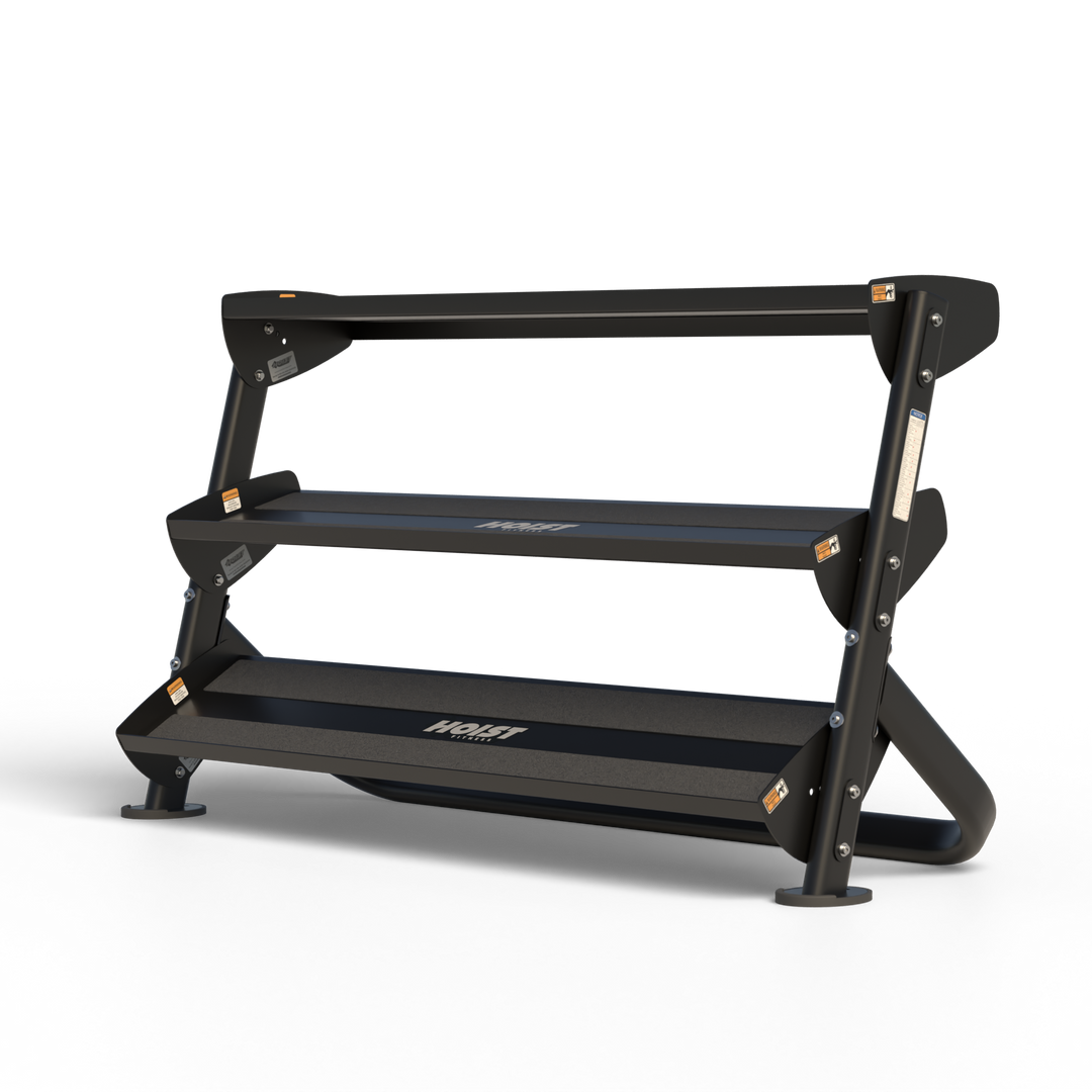 three tier dumbbell rack with angled shelves for organized gym weight storage