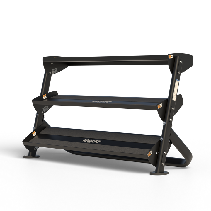 three tier dumbbell rack with angled shelves for organized gym weight storage