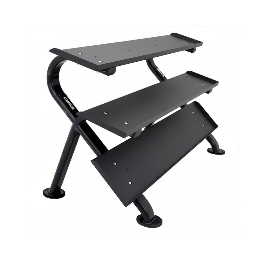 Angled view of TKO 3-Tier horizontal dumbbell rack with steel shelves