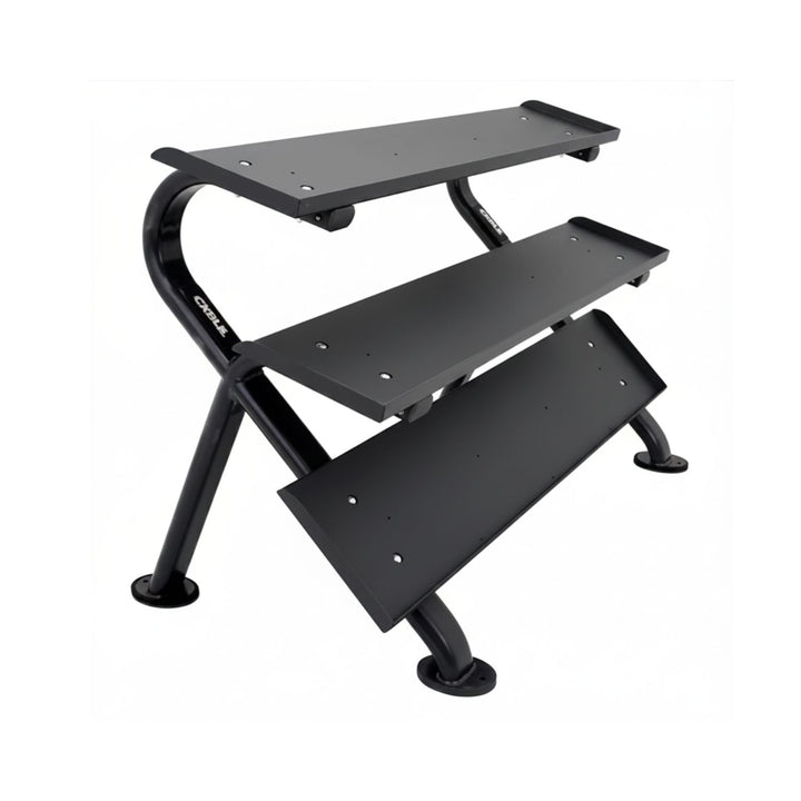 Angled view of TKO 3-Tier horizontal dumbbell rack with steel shelves