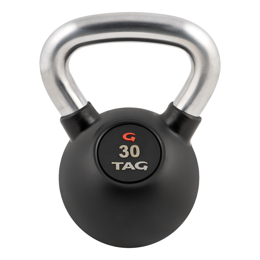 30 lb black rubber encased kettlebell with smooth chrome handle