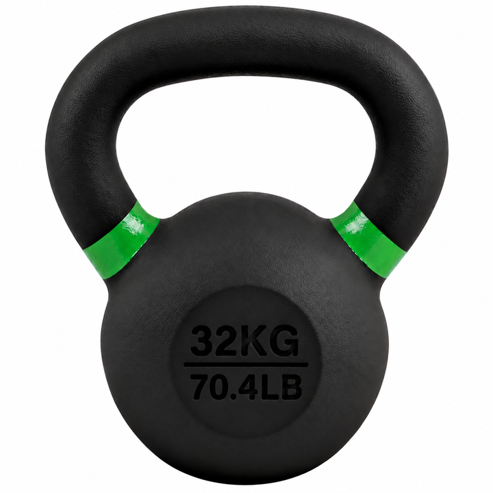 Black 32 kg powder coated kettlebell with green weight stripe and 70.4 lb label