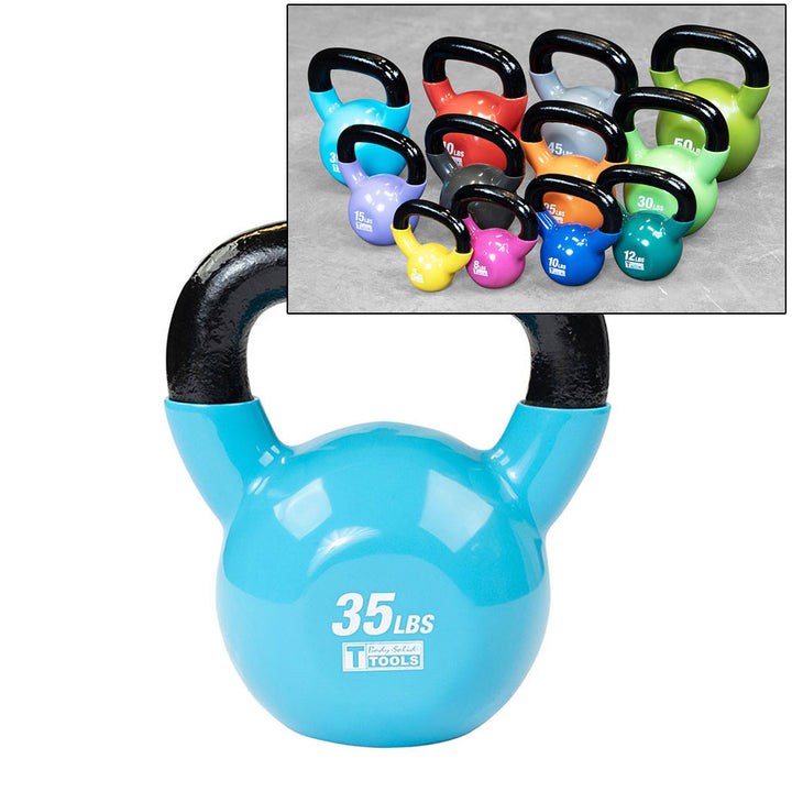 Blue 35 lb kettlebell with colorful kettlebell weight set