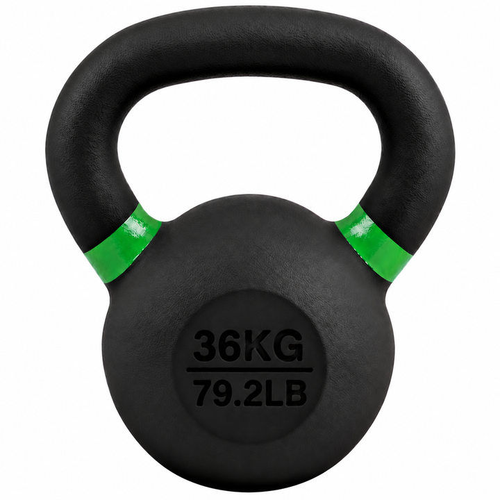 Black 36 kg powder coated kettlebell with green weight stripe and 79.2 lb label