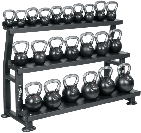 Black  3 tier multi-equipment storage rack shown holding multiple kettlebells across two storage levels