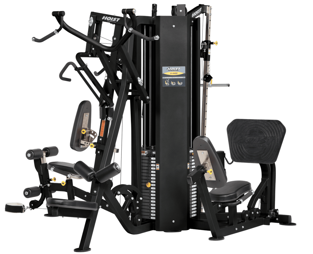 4 stack multi gym alternate angle showing integrated stations for upper and lower body strength workouts