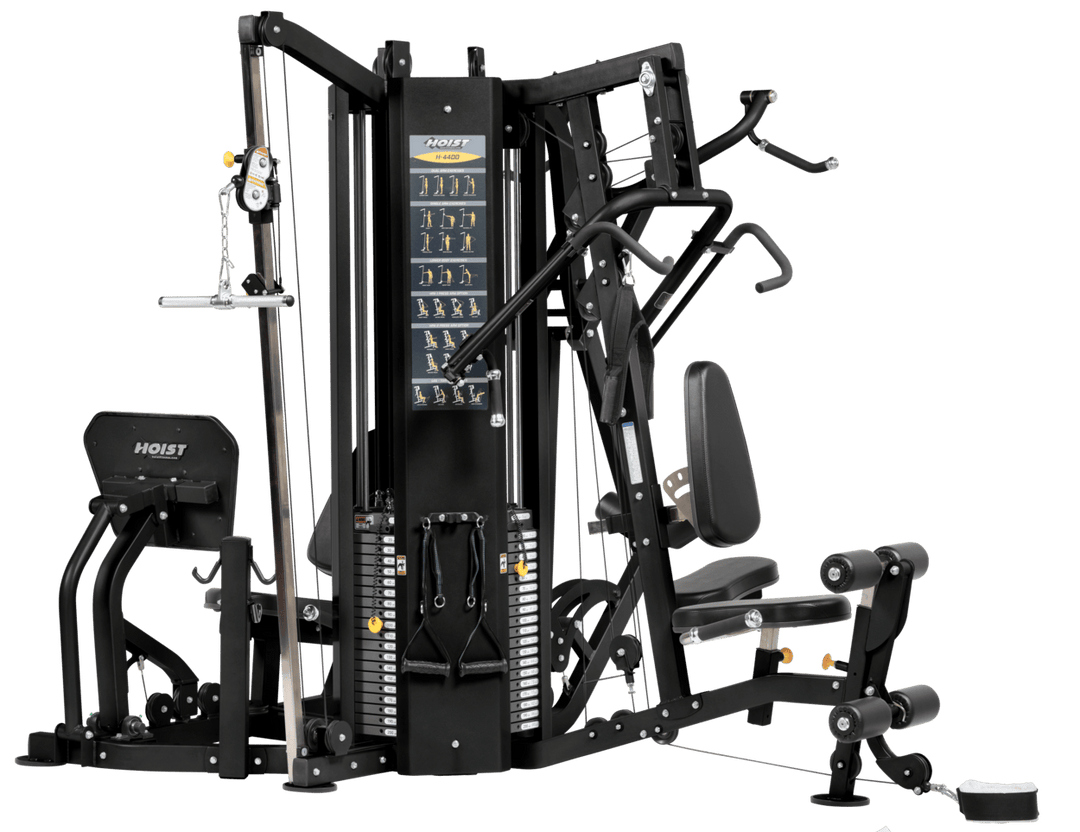 4 stack multi gym quad weight system for full body strength training with multiple exercise stations in gym setup