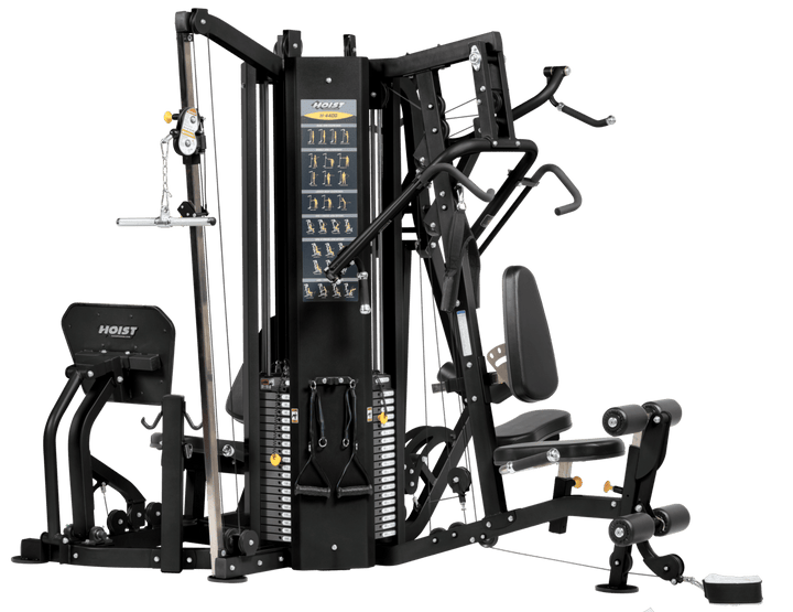 4 stack multi gym quad weight system for full body strength training with multiple exercise stations in gym setup