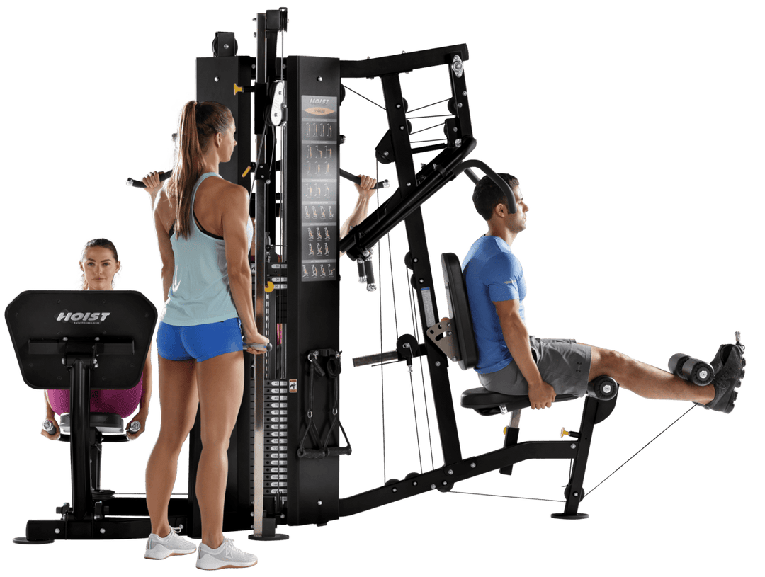 4 stack multi gym rear angle showing cable and seated stations for full body strength training routines