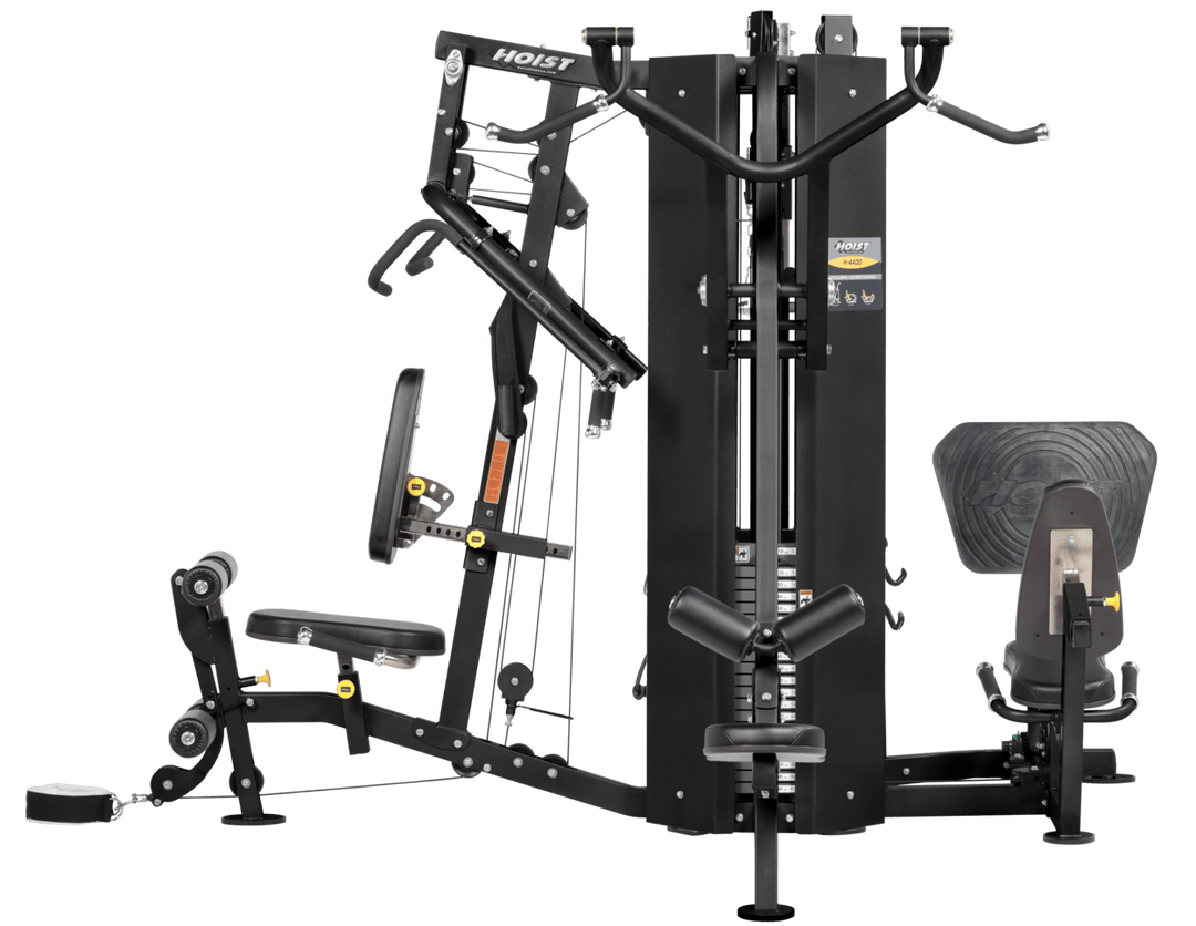 4 stack multi gym rear view with multiple training stations and cable system for complete gym workouts