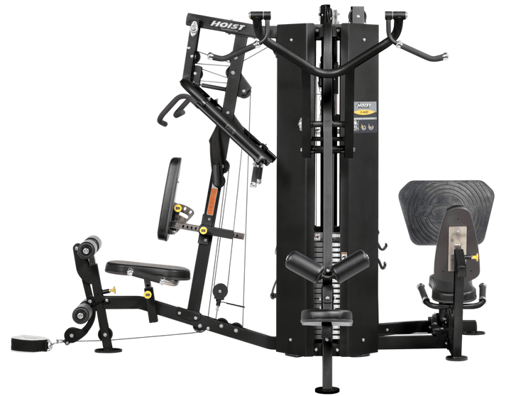 4 stack multi gym rear view with multiple training stations and cable system for complete gym workouts