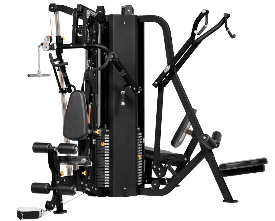 4 stack multi gym side profile highlighting multi station design and quad weight stacks for strength training