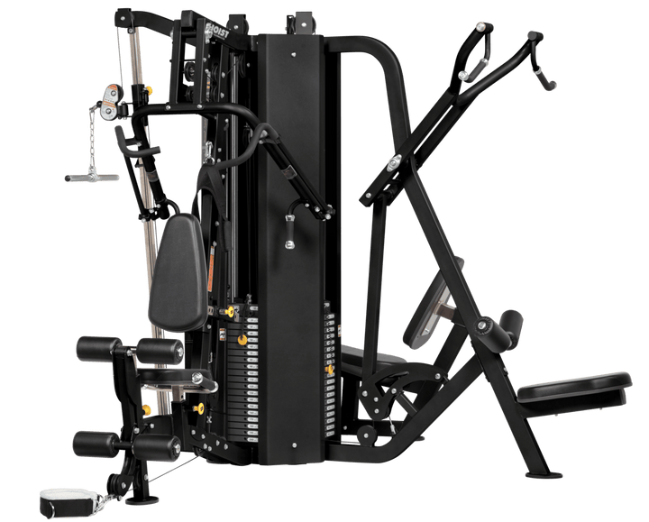 4 stack multi gym side profile highlighting multi station design and quad weight stacks for strength training