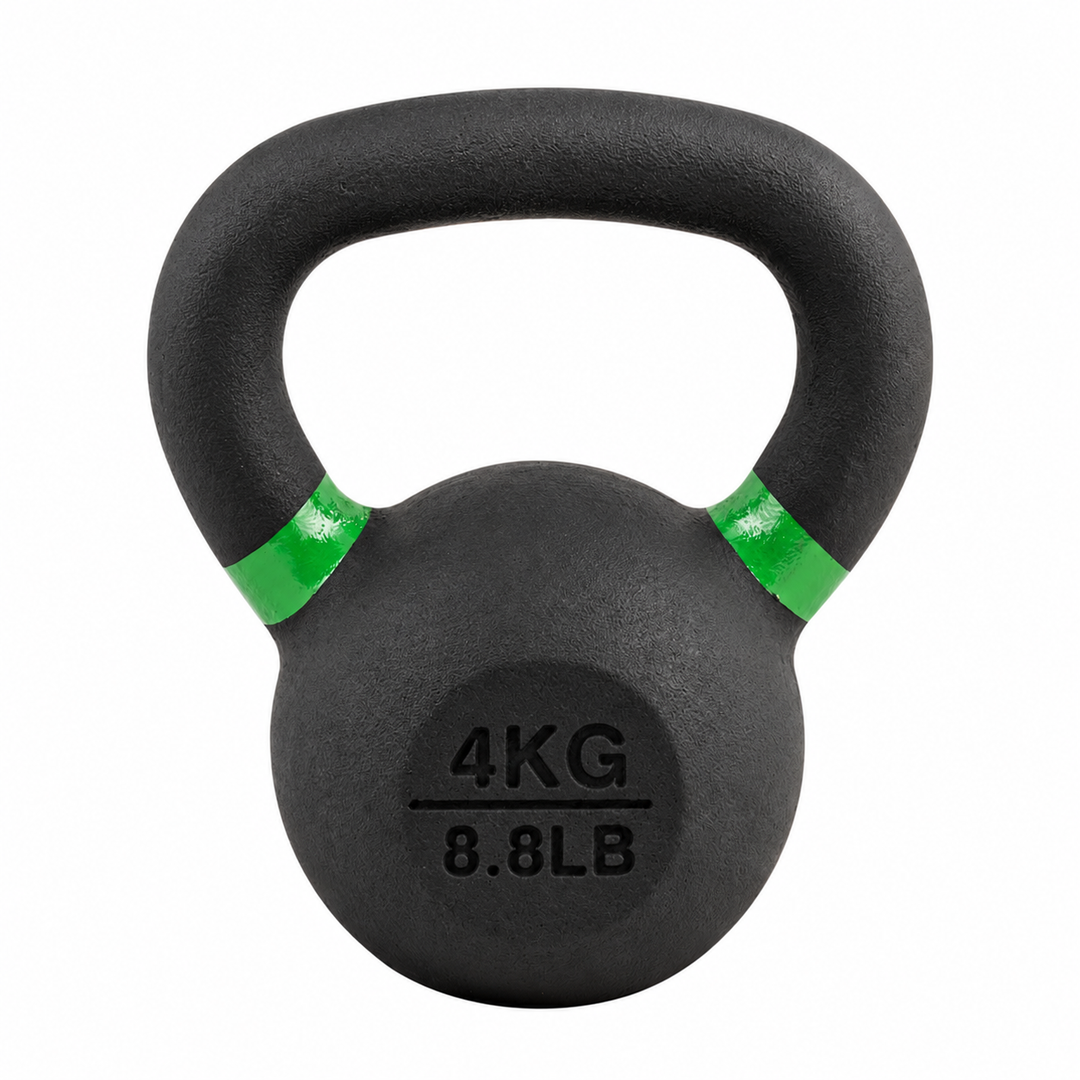 Black 4 kg powder coated kettlebell with green weight stripe and 8.8 lb label