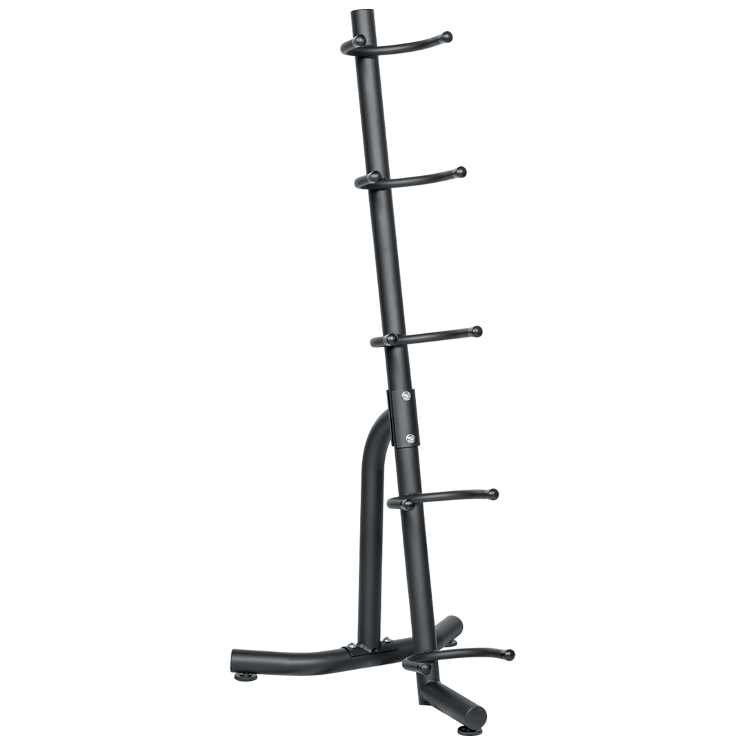 Black vertical medicine ball storage rack with five holders designed to store up to 5 medicine balls