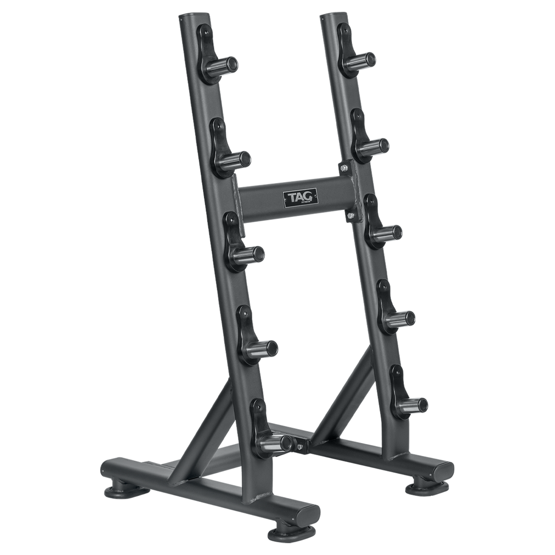 Black freestanding fixed barbell storage rack with holders designed to store up to five fixed barbells