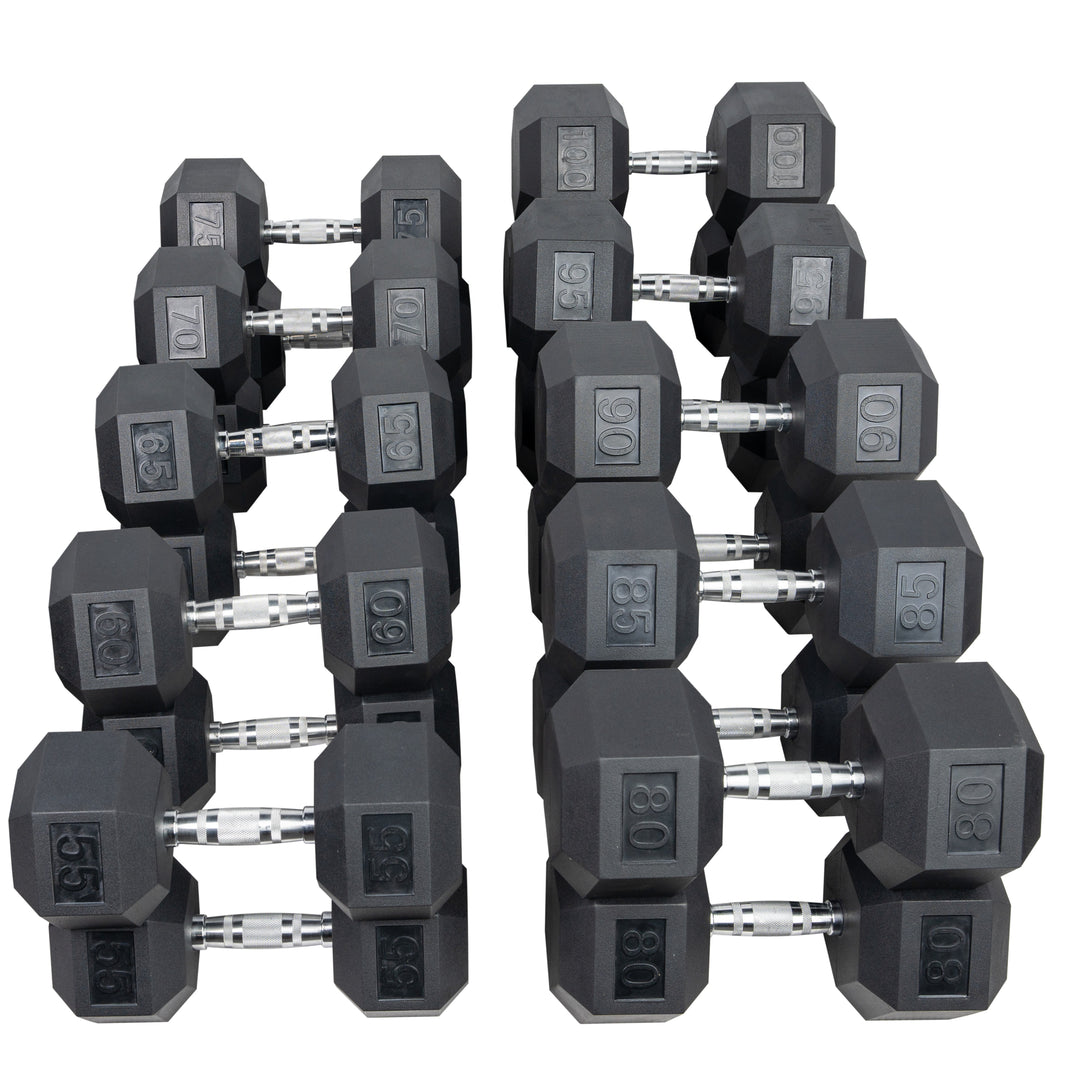 HOIST 55 to 100 pound hex dumbbell set with 5 pound increments for commercial strength and weight training