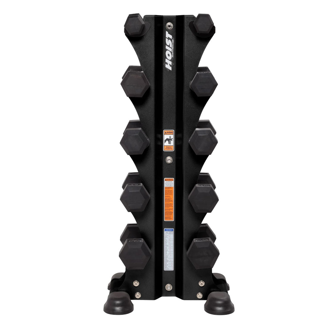 front view of vertical dumbbell rack with evenly spaced holders storing multiple dumbbell pairs securely