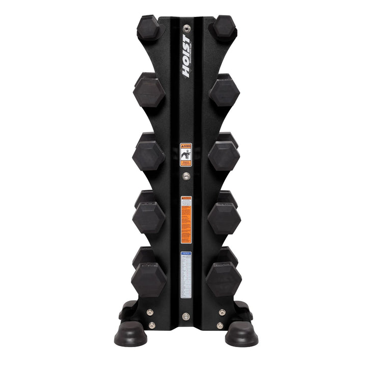 front view of vertical dumbbell rack with evenly spaced holders storing multiple dumbbell pairs securely