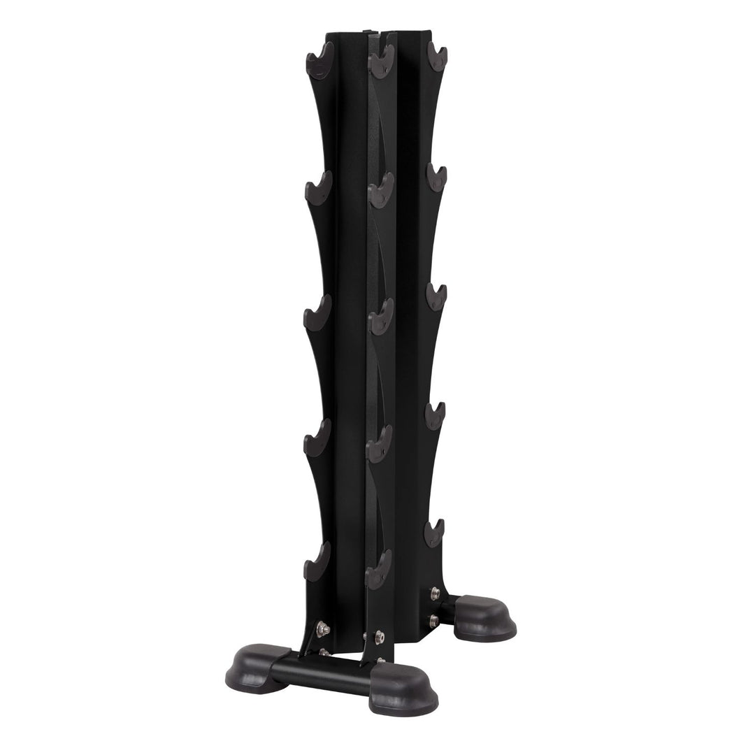side angle of vertical dumbbell rack showing compact footprint and sturdy steel construction