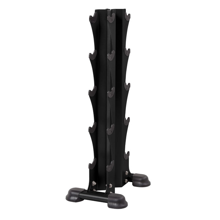 side angle of vertical dumbbell rack showing compact footprint and sturdy steel construction