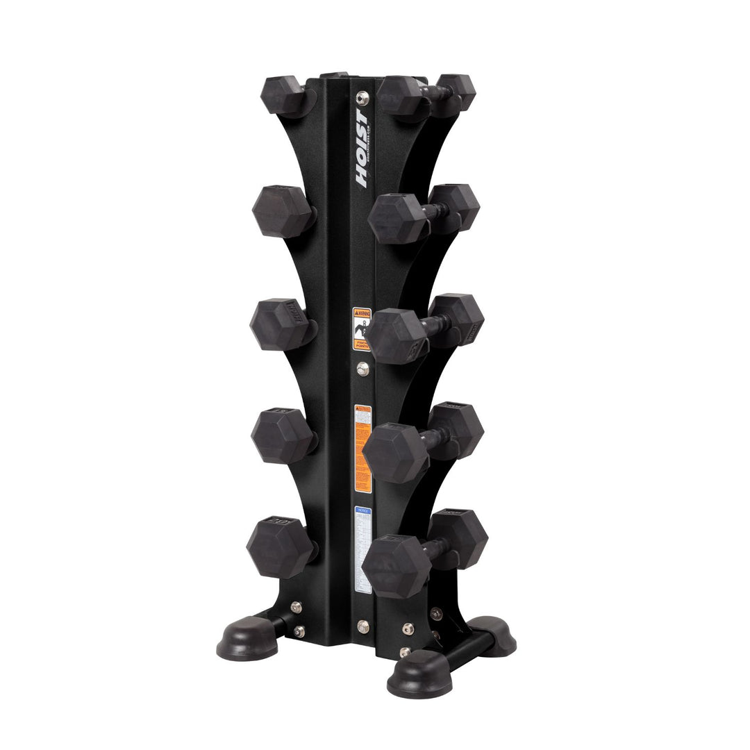 vertical dumbbell rack holding five pairs of dumbbells for organized and efficient gym storage solution