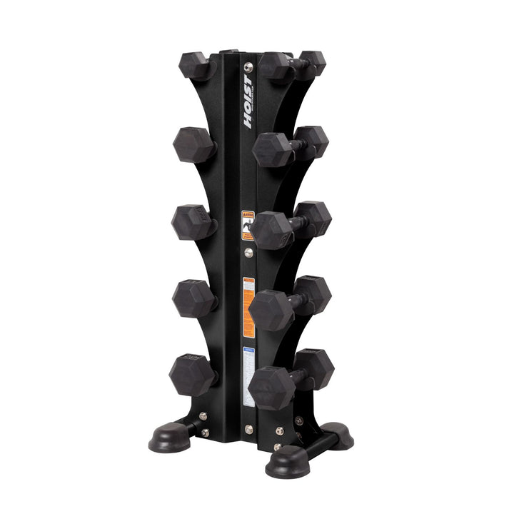 vertical dumbbell rack holding five pairs of dumbbells for organized and efficient gym storage solution