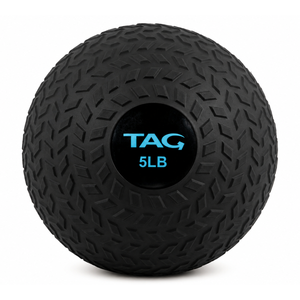 5 lb black tire tread slam ball with textured rubber surface