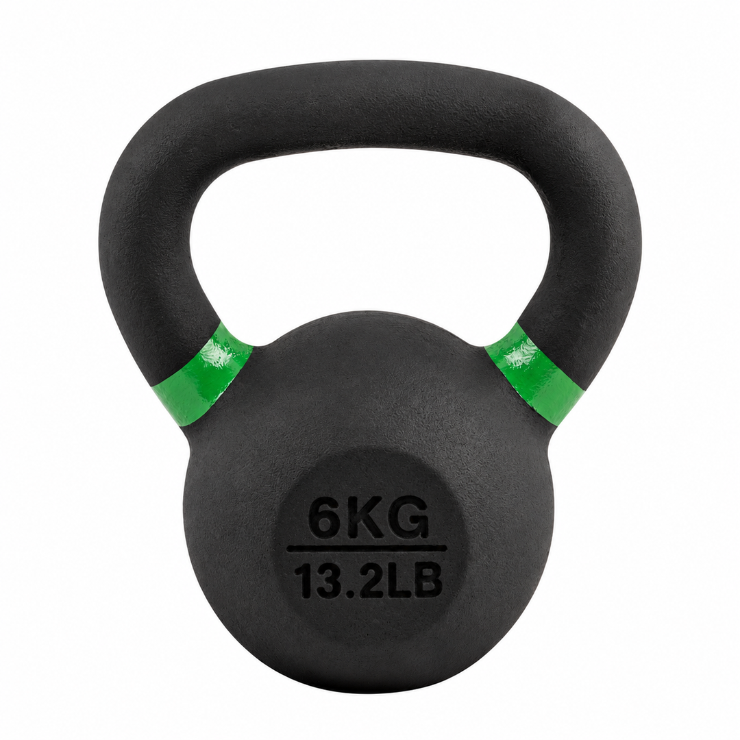 Black 6 kg powder coated kettlebell with green weight stripe and 13.2lb label