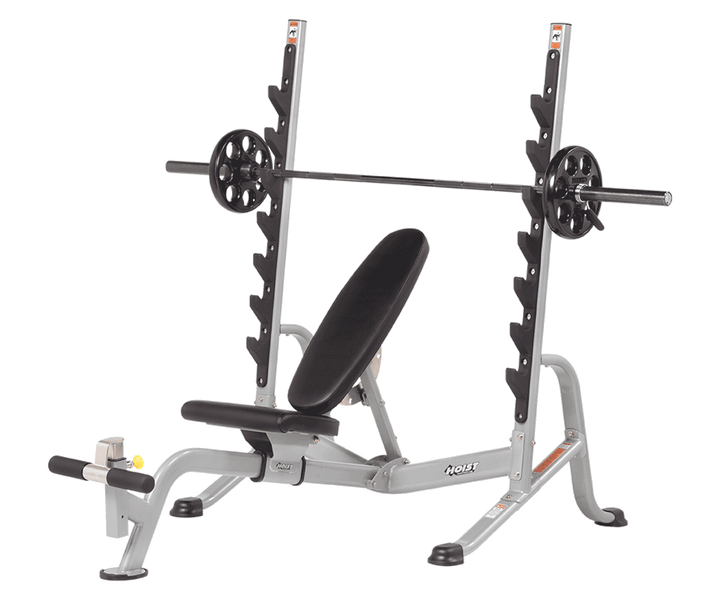 7 position FID Olympic bench with integrated barbell rack for full body strength training in home or gym setup