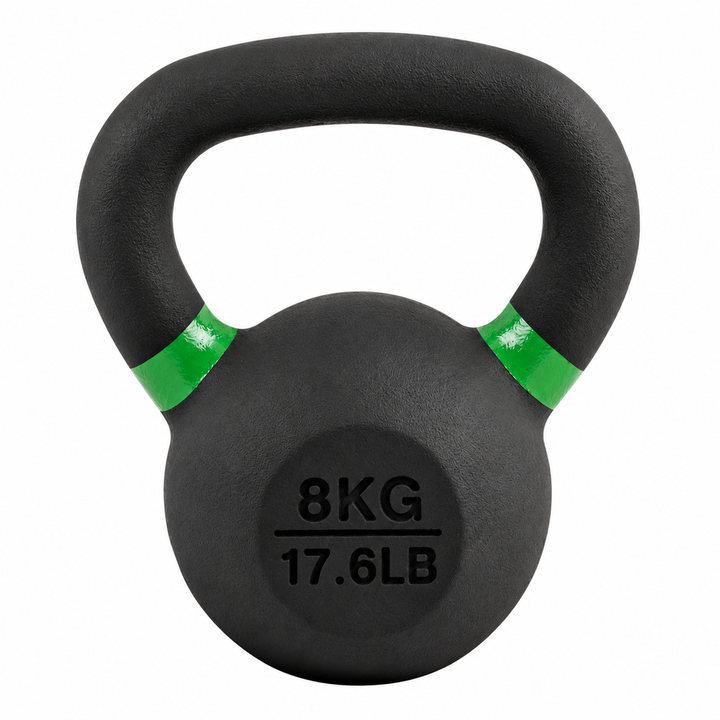 Black 8 kg powder coated kettlebell with green weight stripe and 17.6 lb label