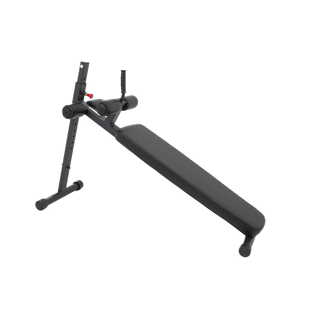 Adjustable abdominal bench with multiple incline positions and leg rollers.
