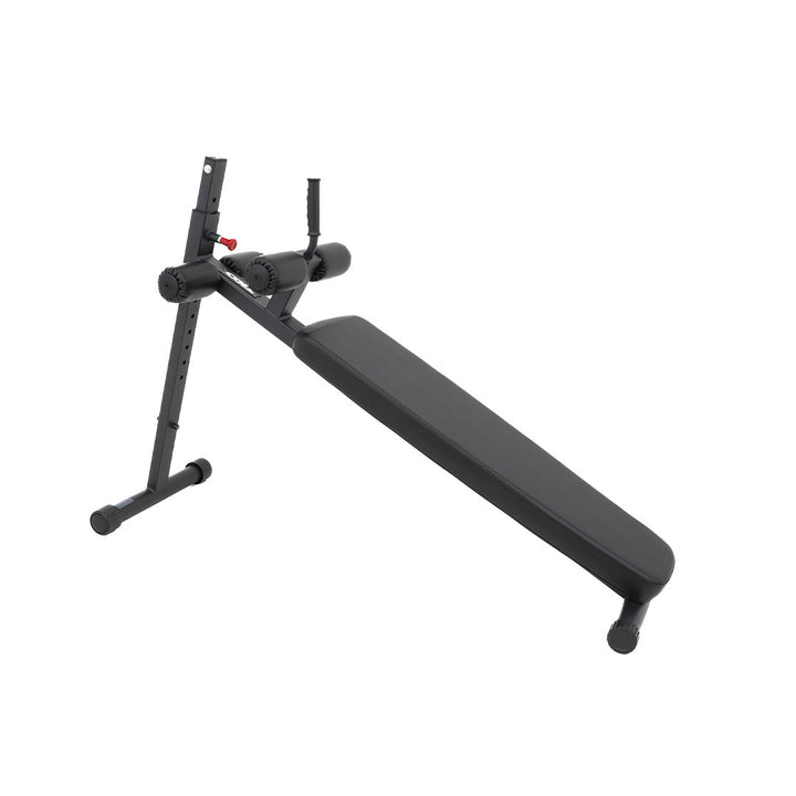 Adjustable abdominal bench with multiple incline positions and leg rollers.