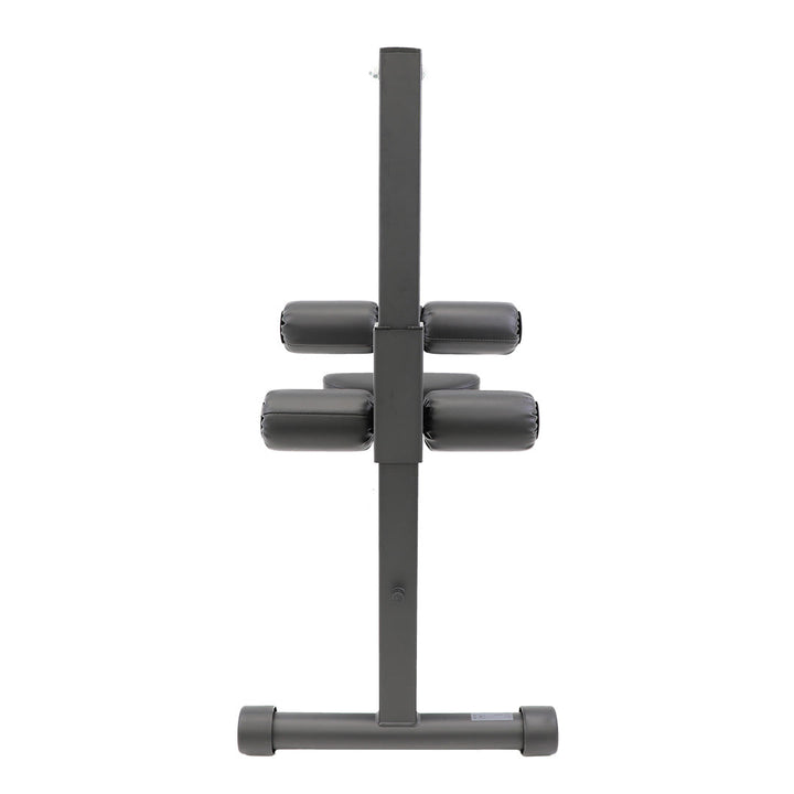 Rear view showing leg rollers and support frame on the adjustable abdominal bench.