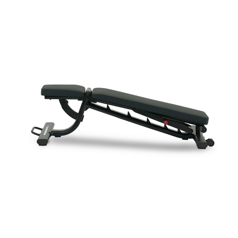 Adjustable weight bench decline setting for core and lower chest exercises in home gym workouts