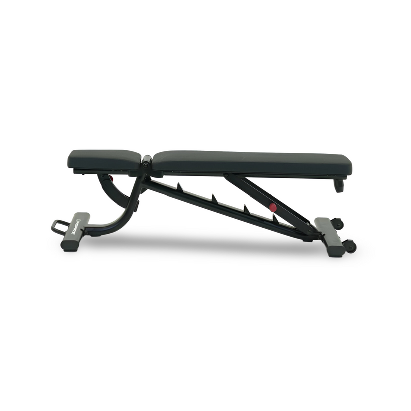 Adjustable weight bench flat position side profile for stability during strength training exercises at home