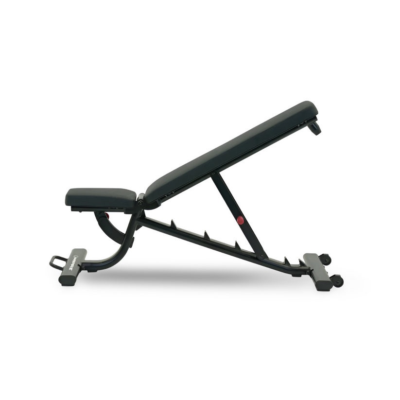 Adjustable weight bench incline angle side view showing frame support for upper body strength exercises