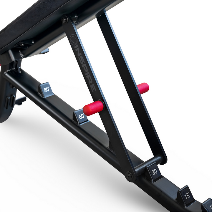 Adjustable weight bench ladder adjustment system close up for quick angle changes during training sessions