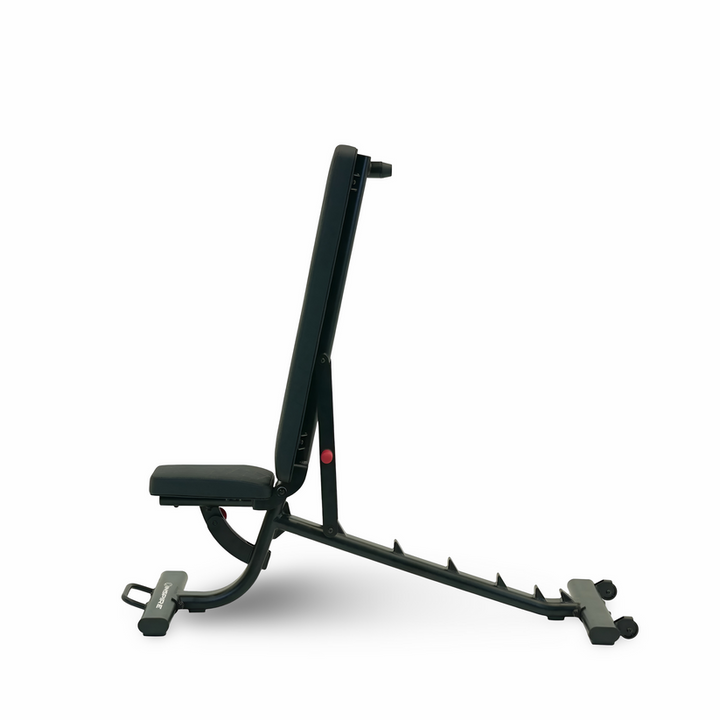 Adjustable weight bench vertical storage position for space saving in home gym or compact workout area